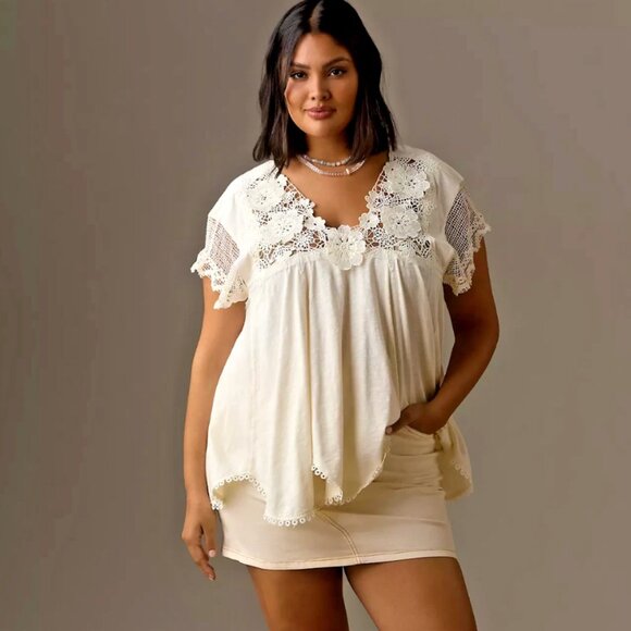 By Anthropologie V-Neck Lace Swing Top Coquette Dainty Crochet Lace, Size XS - Picture 2 of 10